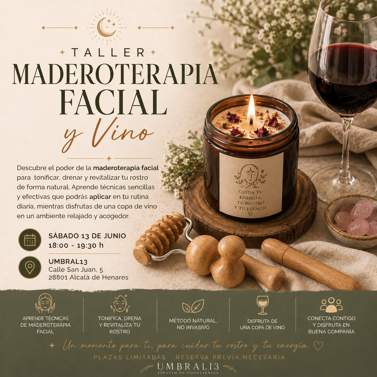 Taller Maderoterapia facial y vino - Sábado 13 de Junio 18:00 - 19:30