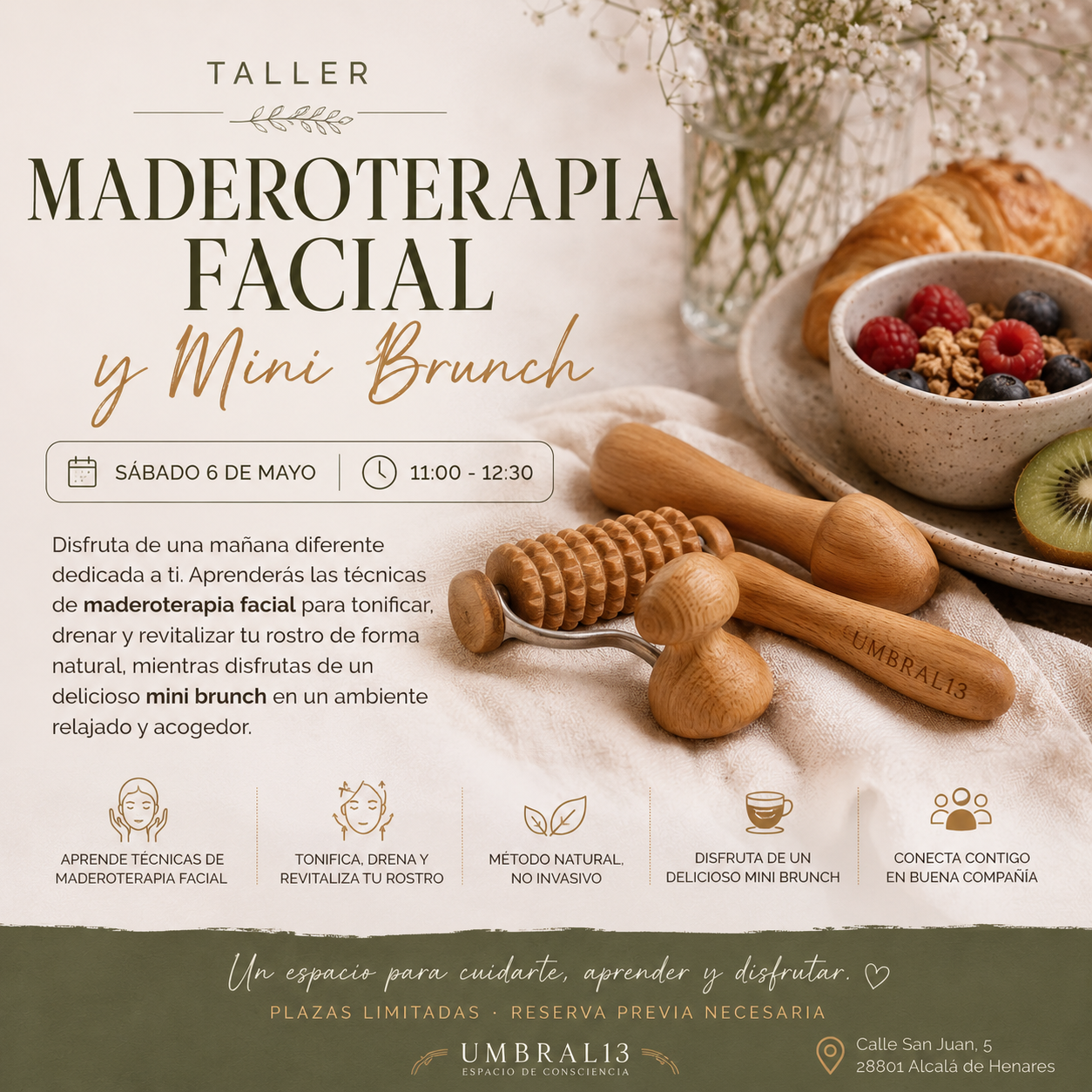 Taller Maderoterapia facial y Mini Brunch - Sábado 6 de Junio 11:00 - 12:30
