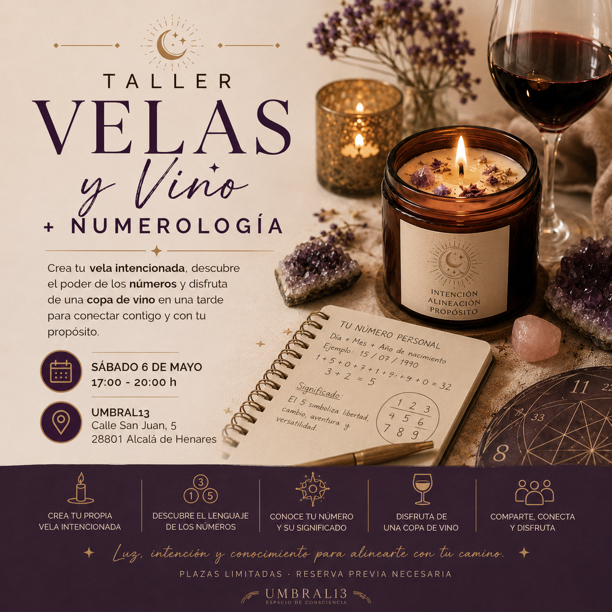 Taller Velas y Vino + Numerologia - Sábado 6 de Junio 17:00 - 20:00